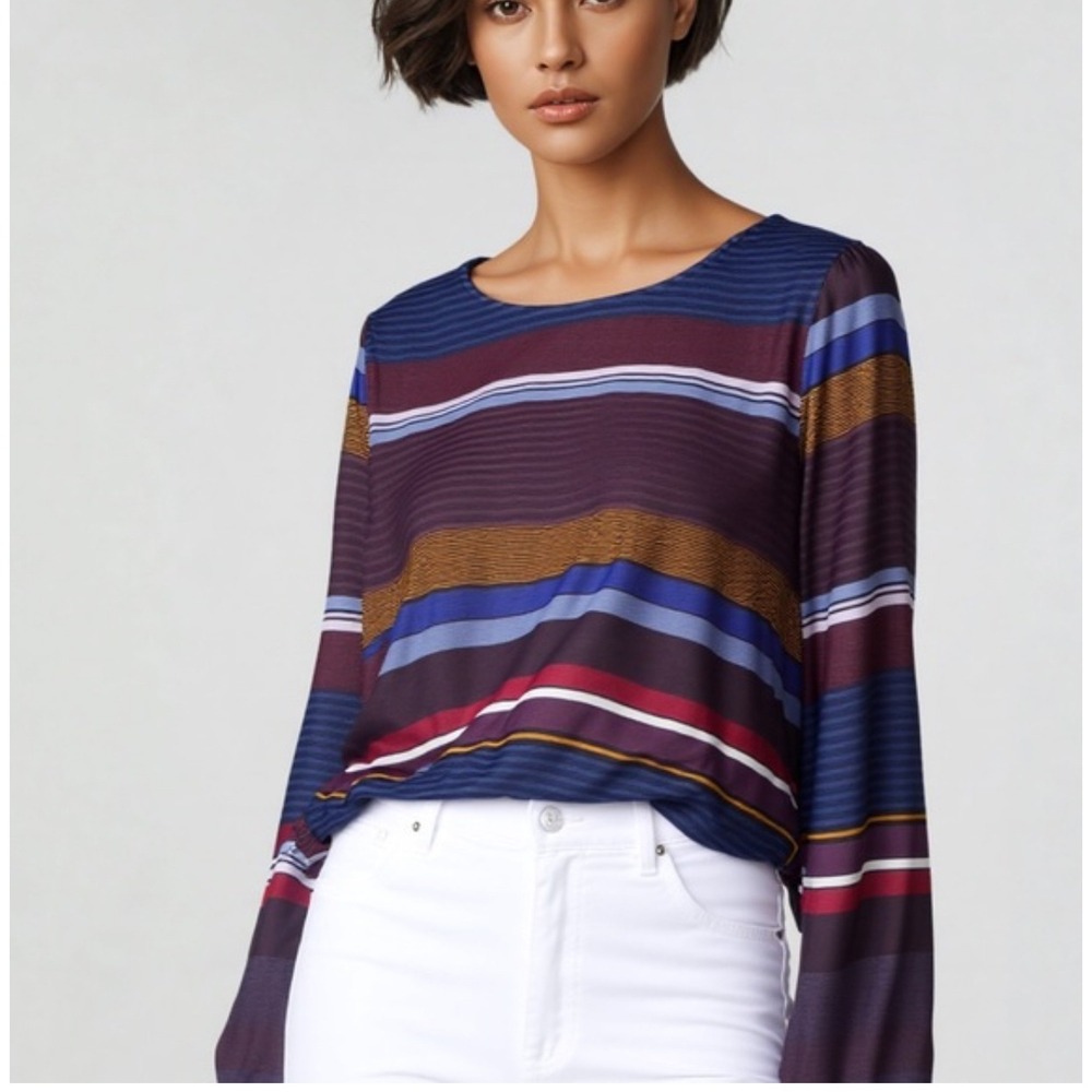 LOFT Womens Satin Stripe Blouse Long‎ Bishop Sleeve Multi Color Top Large NEW